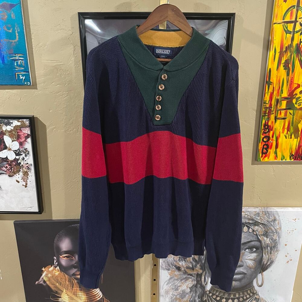 90s Lands End Vintage Colorblock Oversized Streetwear Knit Quarter Sweater Large